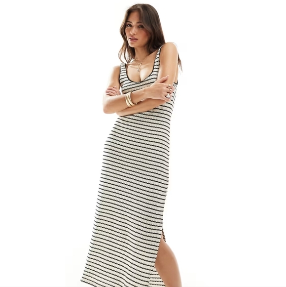Saints Textured Black White Stripe Maxi Dress Sleeveless Bodycon Womens Sz Small - Picture 1 of 10